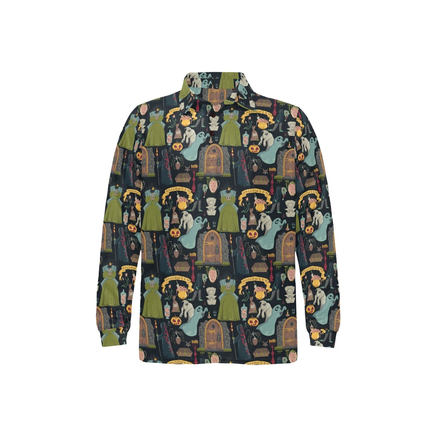 Creepy Halloween Print Design LKS304 Long Sleeve Polo Shirt For Men's