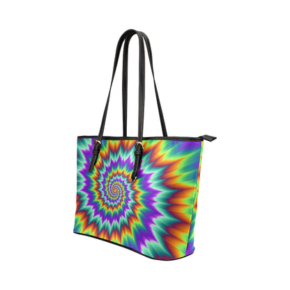 Optical illusion Pulsing fiery spirals Leather Tote Bag