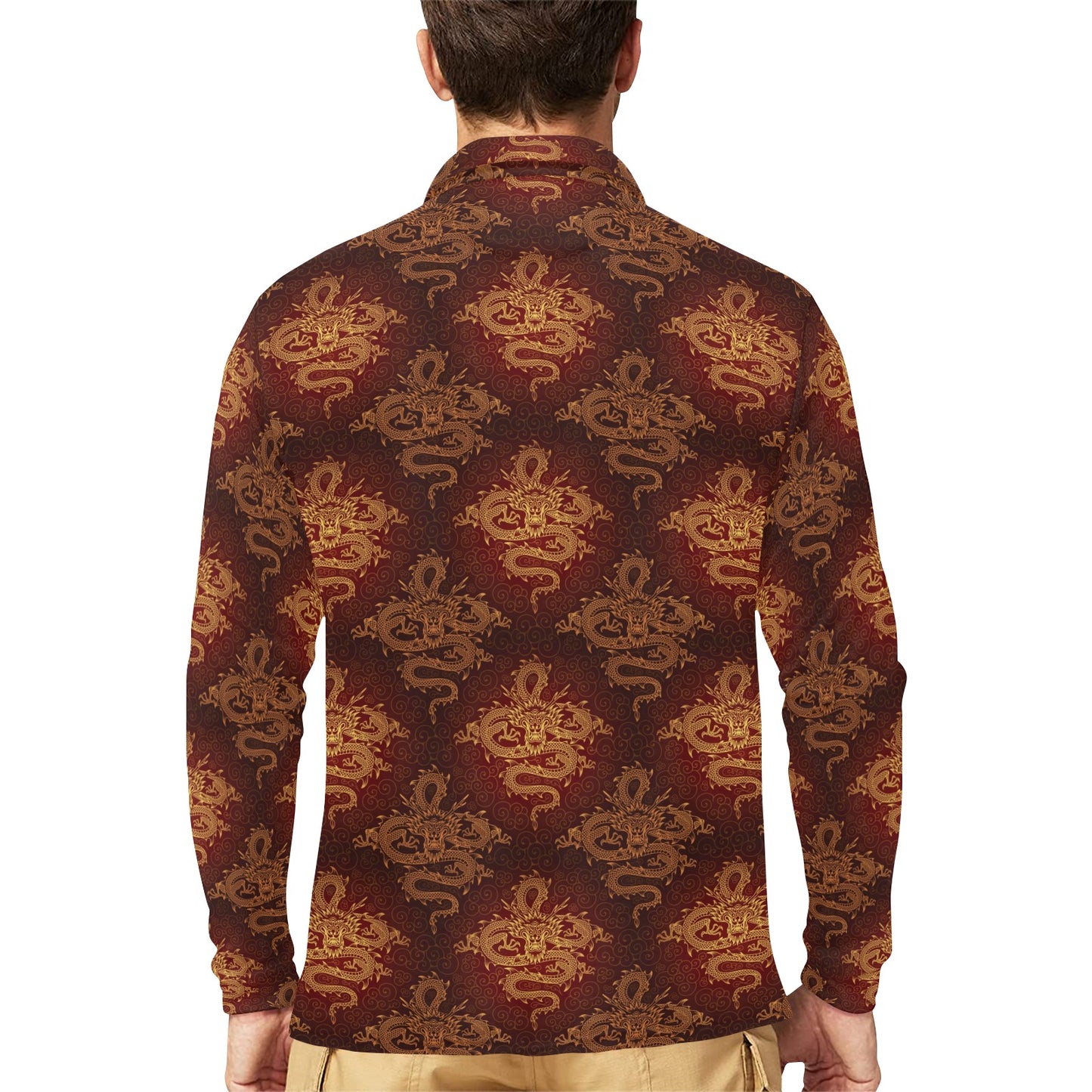 Chinese Dragons Gold Design Long Sleeve Polo Shirt For Men's