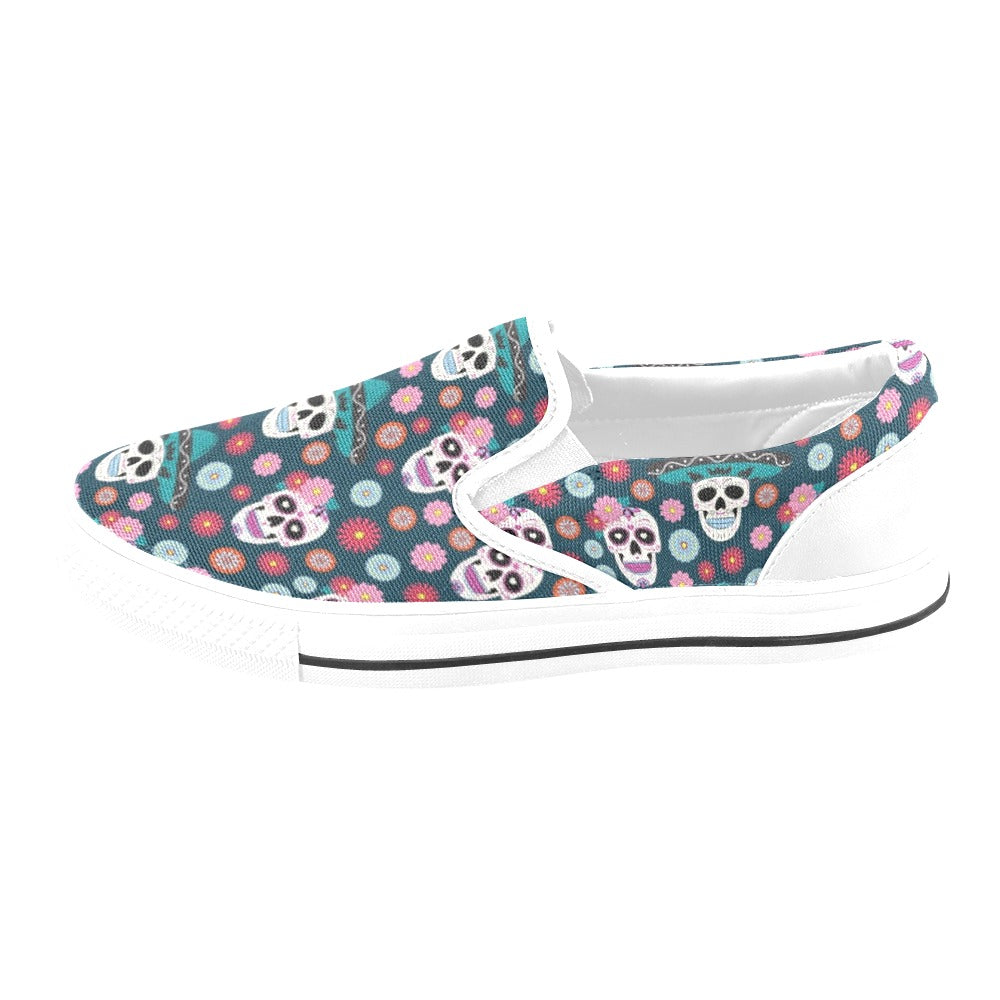 Sugar Skull Print Design LKS308 White Slip Ons Canvas Women's Shoes