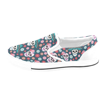 Sugar Skull Print Design LKS308 White Slip Ons Canvas Women's Shoes