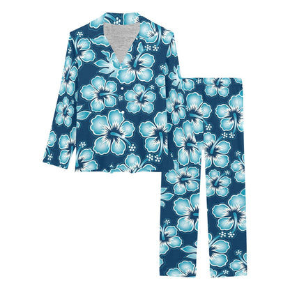 Blue Hibiscus Pattern Print Design HB011 Women's Long Pajama Set