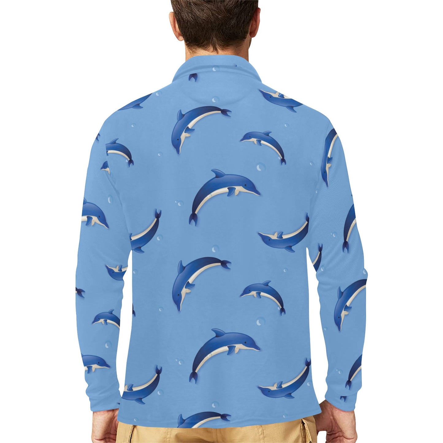 Dolphin Blue Print Long Sleeve Polo Shirt For Men's