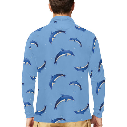 Dolphin Blue Print Long Sleeve Polo Shirt For Men's