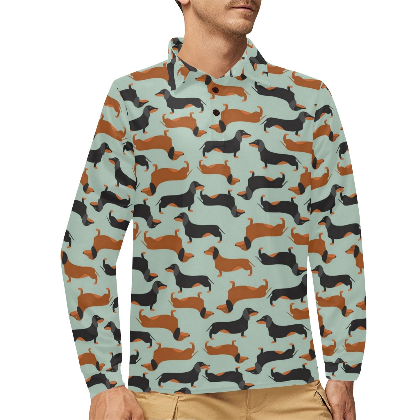 Dachshund Cute Print Pattern Long Sleeve Polo Shirt For Men's