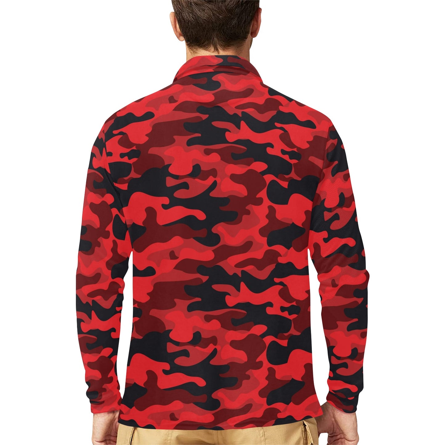 Camo Red Pattern Print Design 03 Long Sleeve Polo Shirt For Men's