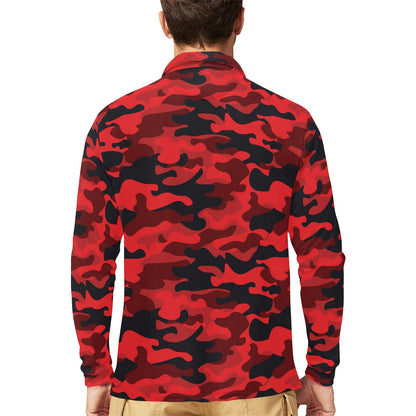 Camo Red Pattern Print Design 03 Long Sleeve Polo Shirt For Men's