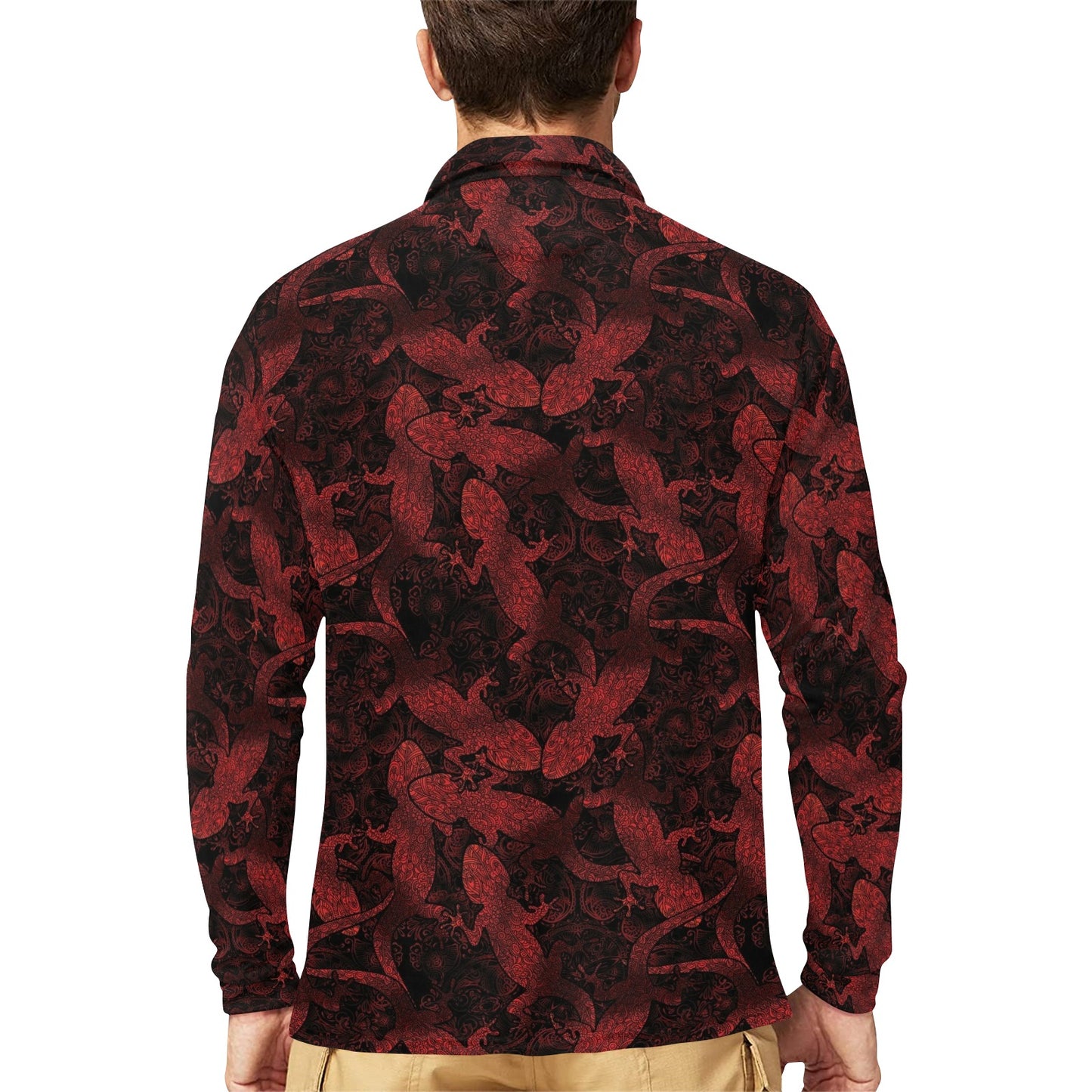 Gecko Pattern Print Design 04 Long Sleeve Polo Shirt For Men's