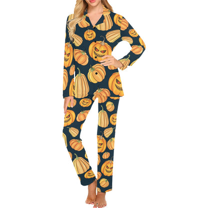 Pumpkin Halloween Pattern Print Design A04 Women's Long Pajama Set