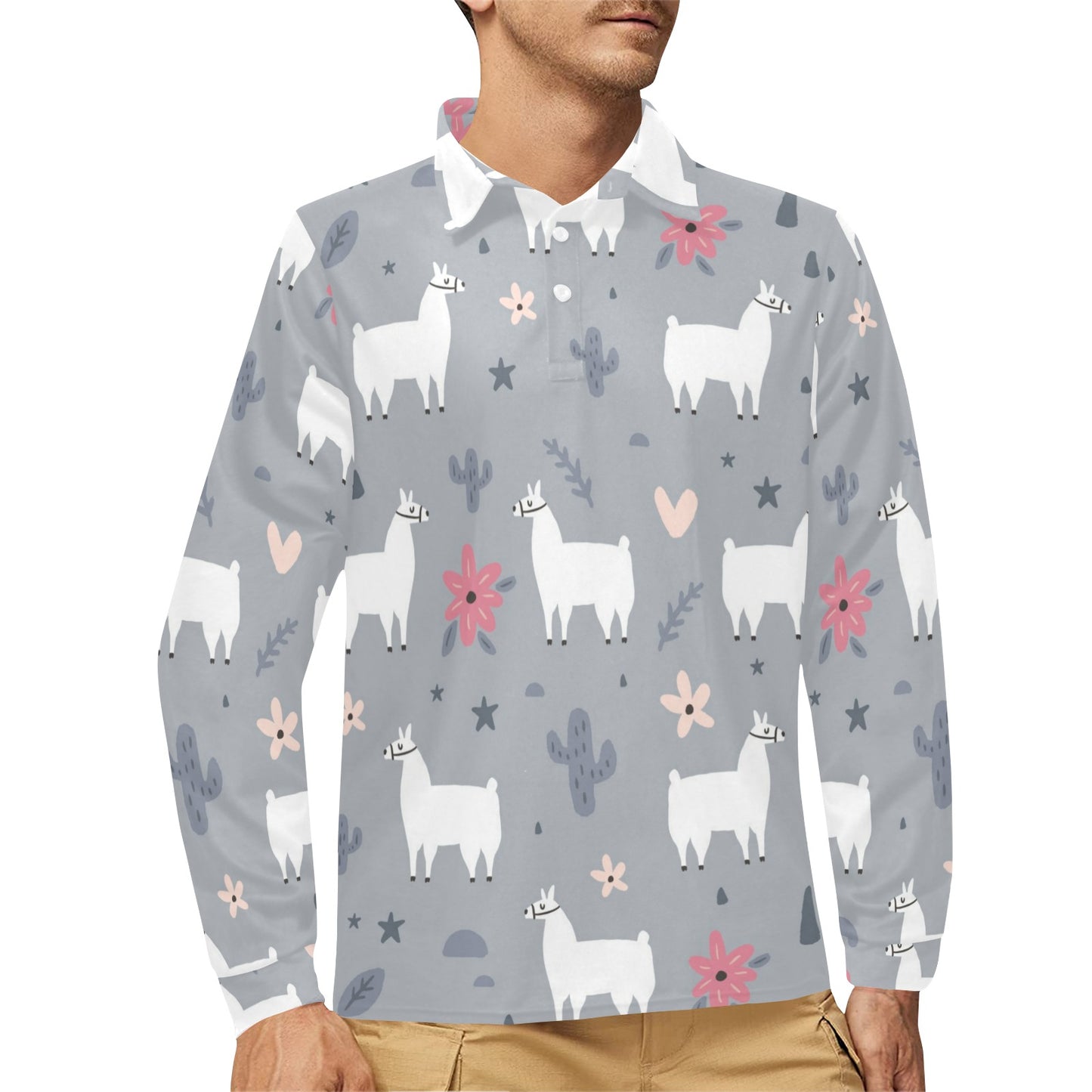 Llama Pattern Print Design 010 Long Sleeve Polo Shirt For Men's