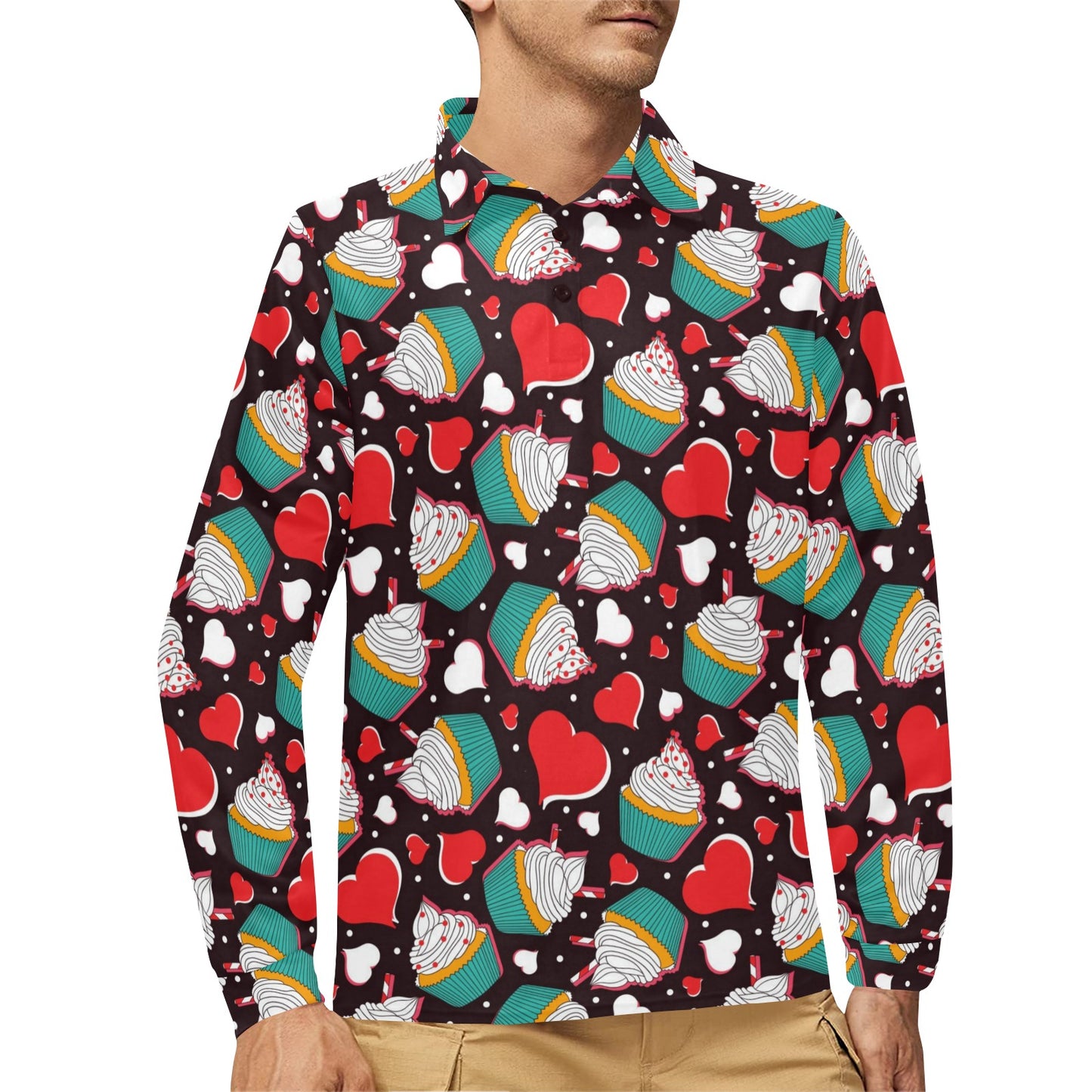 Cupcakes Heart Print Pattern Long Sleeve Polo Shirt For Men's