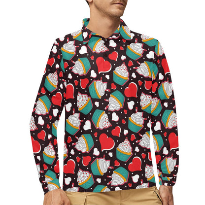 Cupcakes Heart Print Pattern Long Sleeve Polo Shirt For Men's