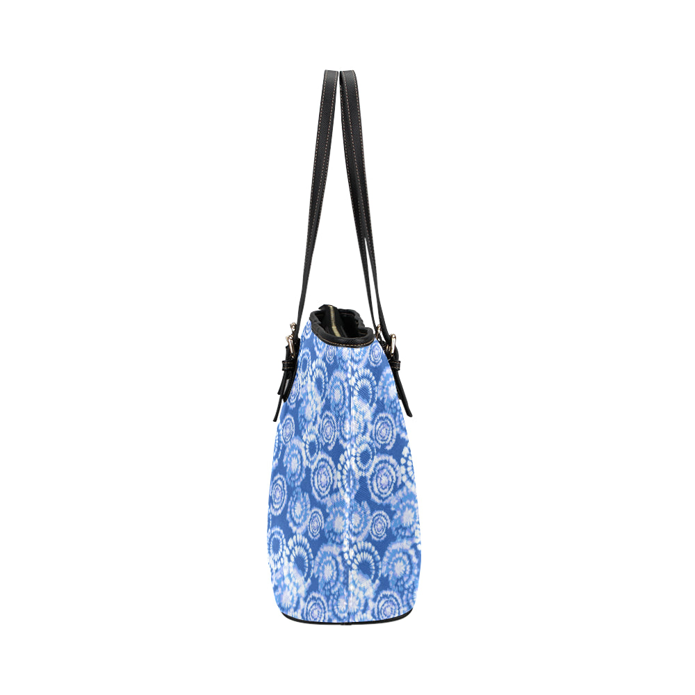 Tie Dye Blue Design Print Leather Tote Bag