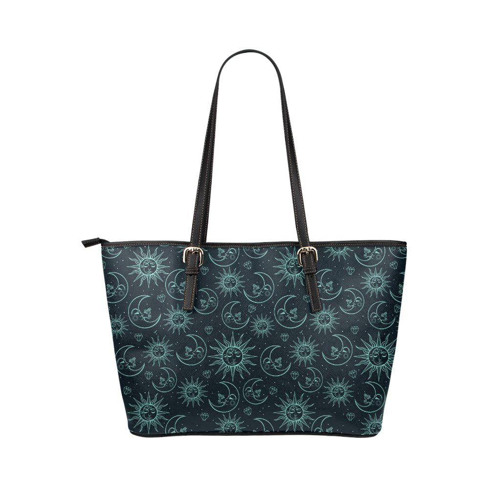 Sun Moon Magic Design Themed Print Leather Tote Bag