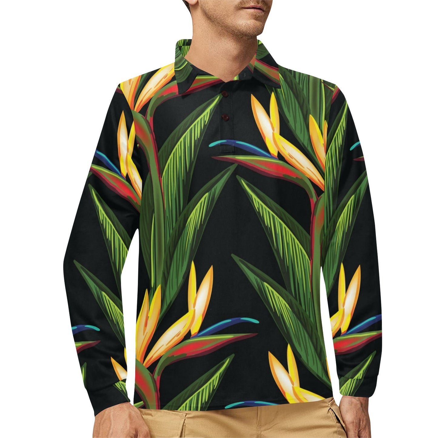 Bird Of Paradise Pattern Print Design BOP012 Long Sleeve Polo Shirt For Men's