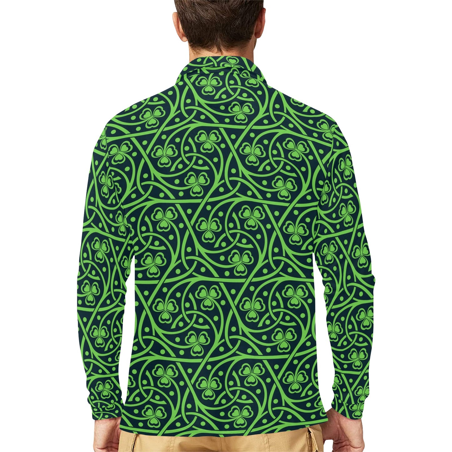 Shamrock Themed Print Long Sleeve Polo Shirt For Men's