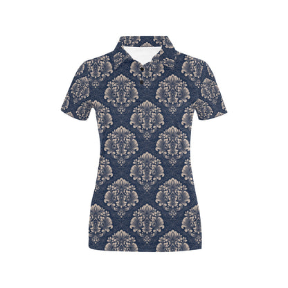 Damask Blue Luxury Print Pattern Women's Polo Shirt