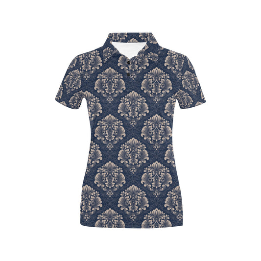 Damask Blue Luxury Print Pattern Women's Polo Shirt