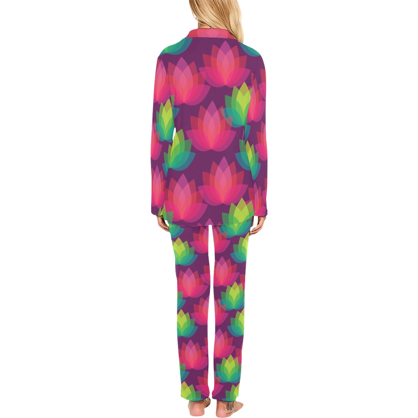 Lotus Pattern Print Design 02 Women's Long Pajama Set
