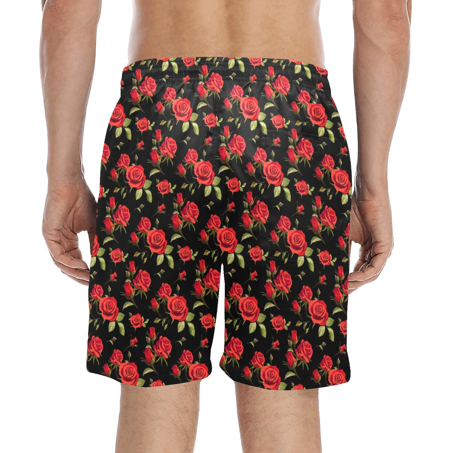 Red Rose Themed Print Men's Swim Trunks Beach Shorts