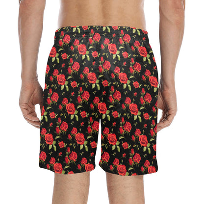 Red Rose Themed Print Men's Swim Trunks Beach Shorts