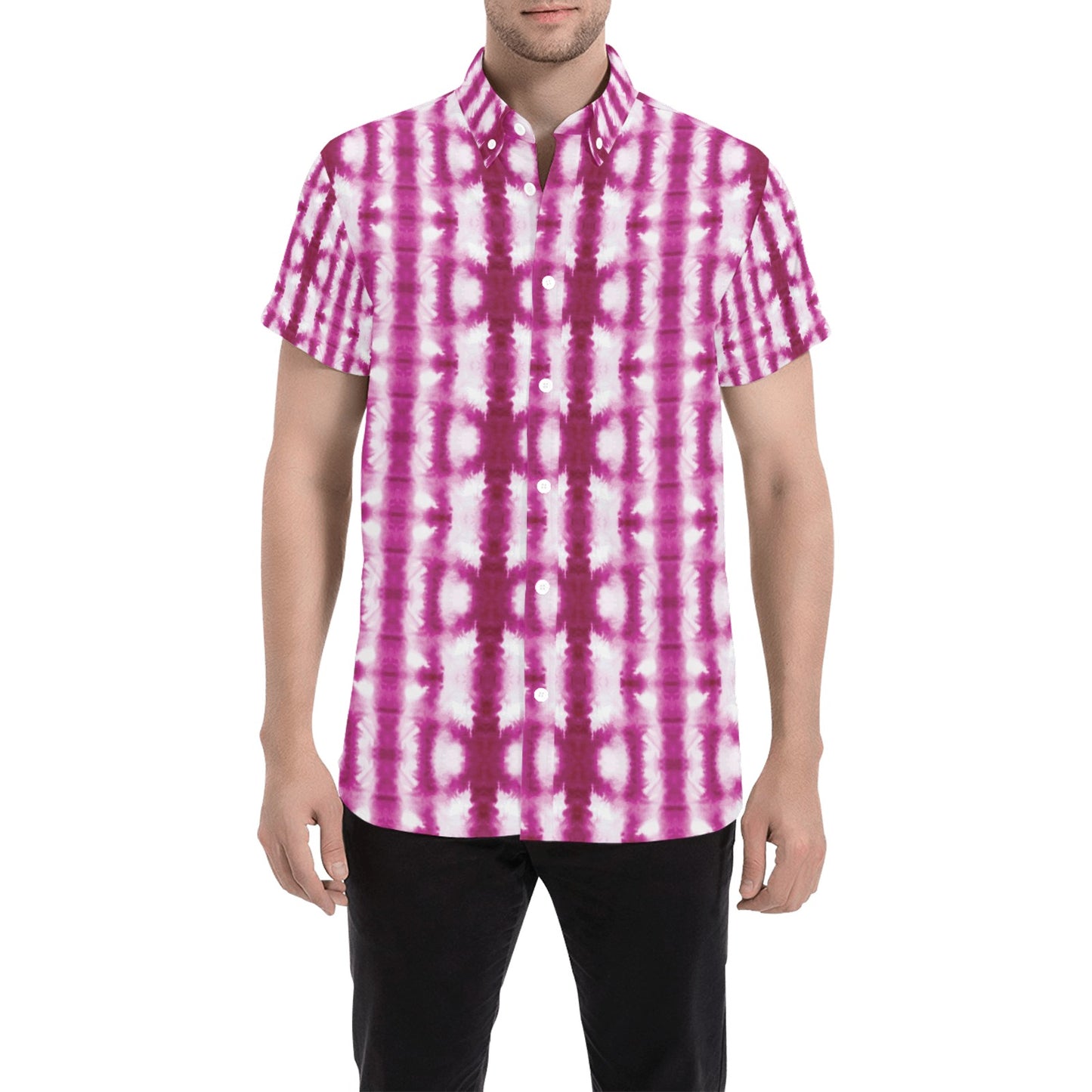 Tie Dye Dark Pink Print Design LKS303 Men Short Sleeve Button Up Shirt
