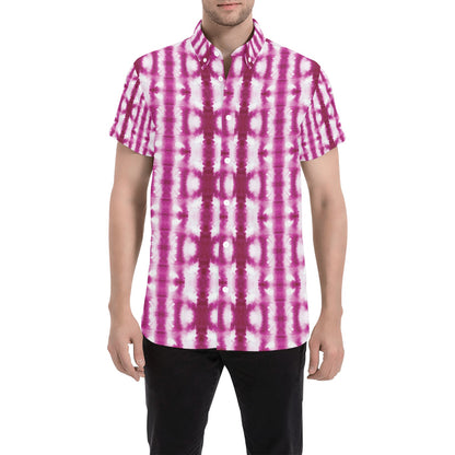 Tie Dye Dark Pink Print Design LKS303 Men Short Sleeve Button Up Shirt