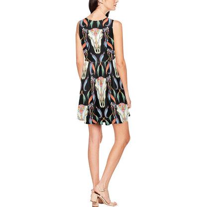 Buffalo Head Boho Style Pattern Print Design 01 Sleeveless Dress