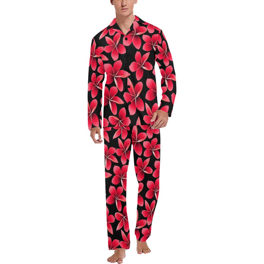Red Plumeria Pattern Print Design PM025 Men's Long Pajama Set