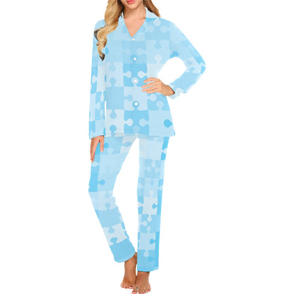 Puzzle Blue Pattern Print Design A04 Women's Long Pajama Set