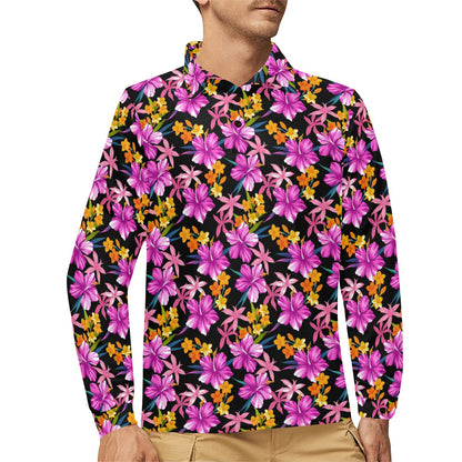 Tropical Folower Pink Hibiscus Print Long Sleeve Polo Shirt For Men's