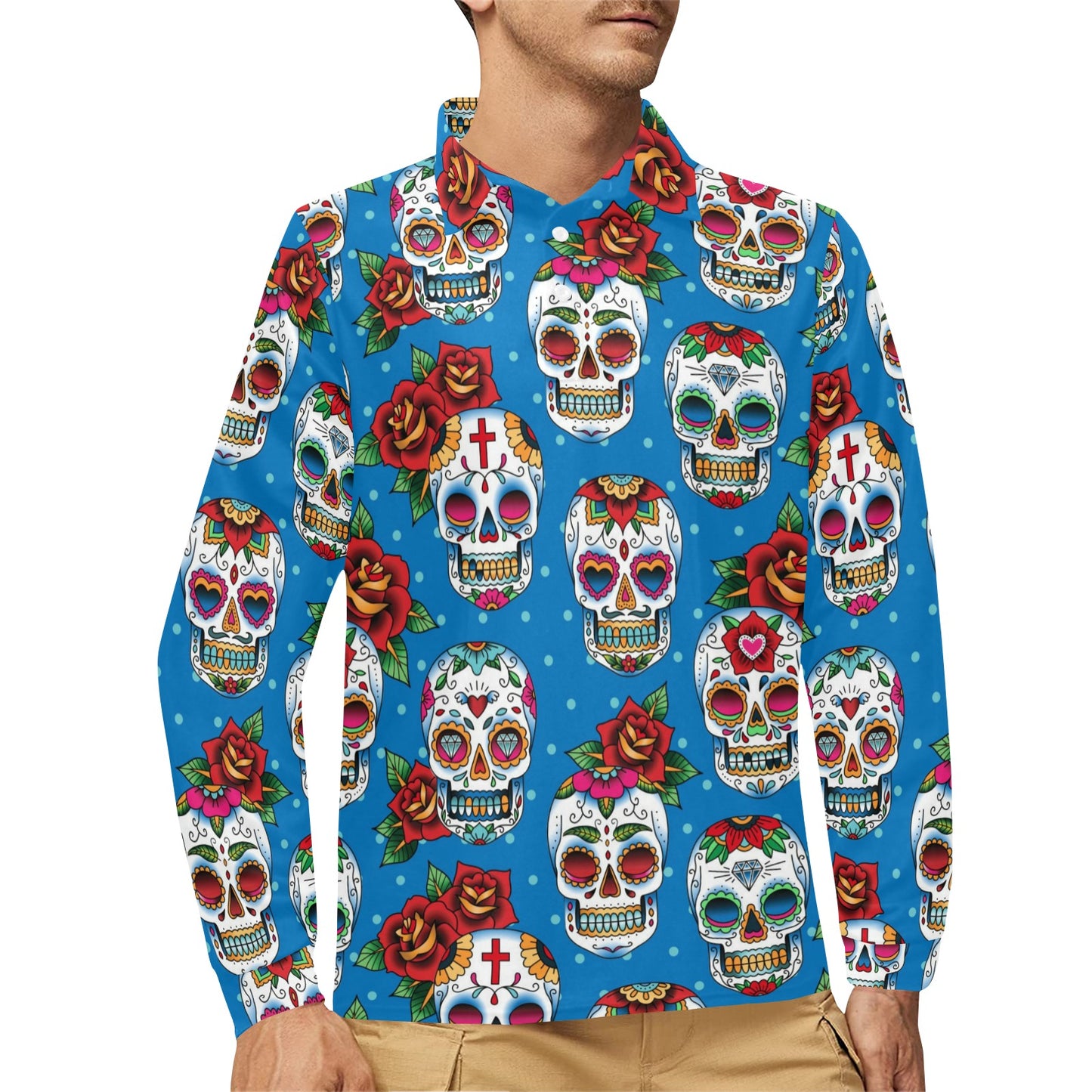 Sugar Skull Rose Pattern Long Sleeve Polo Shirt For Men's