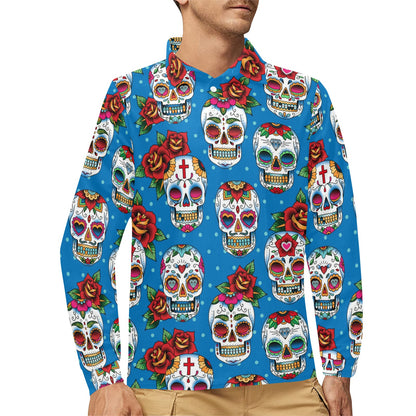 Sugar Skull Rose Pattern Long Sleeve Polo Shirt For Men's