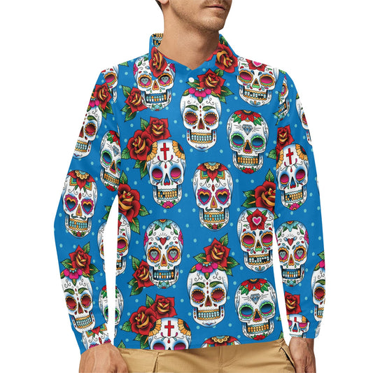 Sugar Skull Rose Pattern Long Sleeve Polo Shirt For Men's