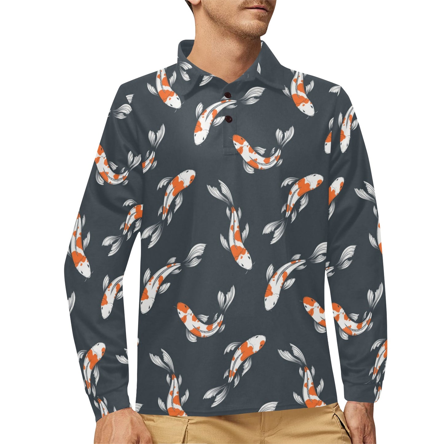 KOI Fish Pattern Print Design 04 Long Sleeve Polo Shirt For Men's