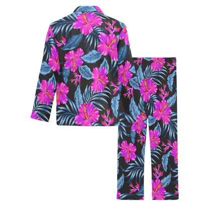 Neon Pink Hibiscus Pattern Print Design HB015 Men's Long Pajama Set