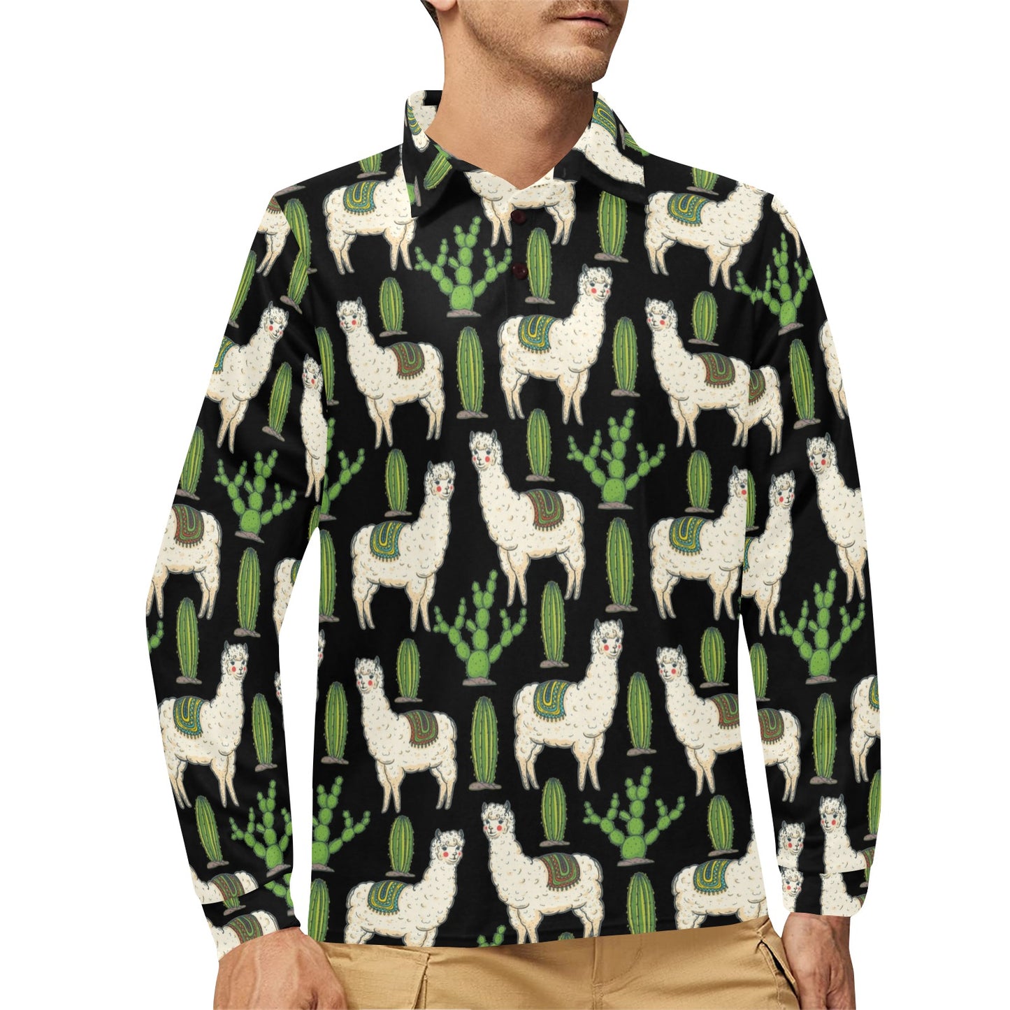 Llama Cactus Pattern Print Design 011 Long Sleeve Polo Shirt For Men's