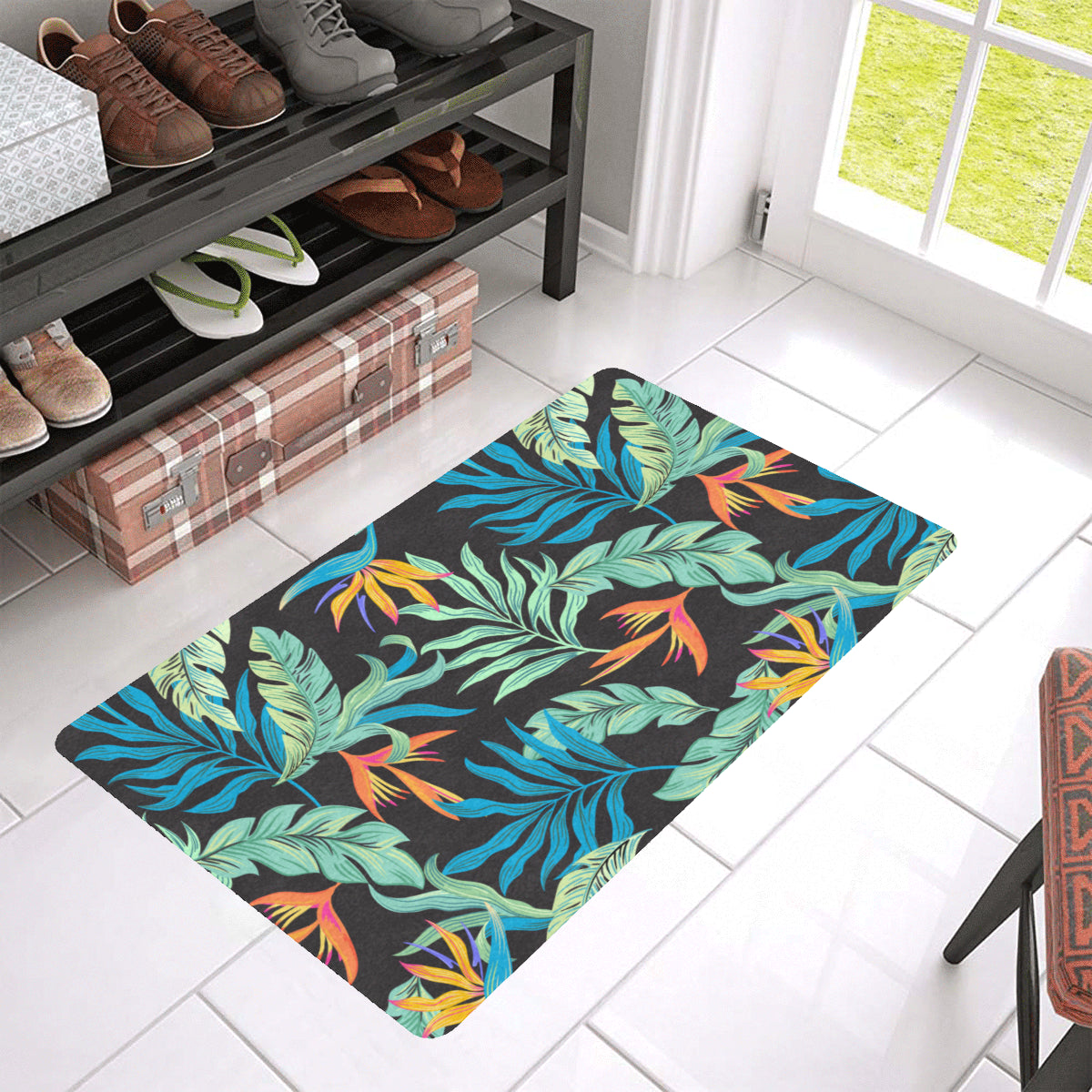 Tropical Palm Leaves Hawaiian Flower Rubber Doormat