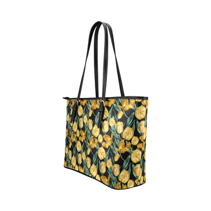 Elegant Yellow Tulip Print Leather Tote Bag