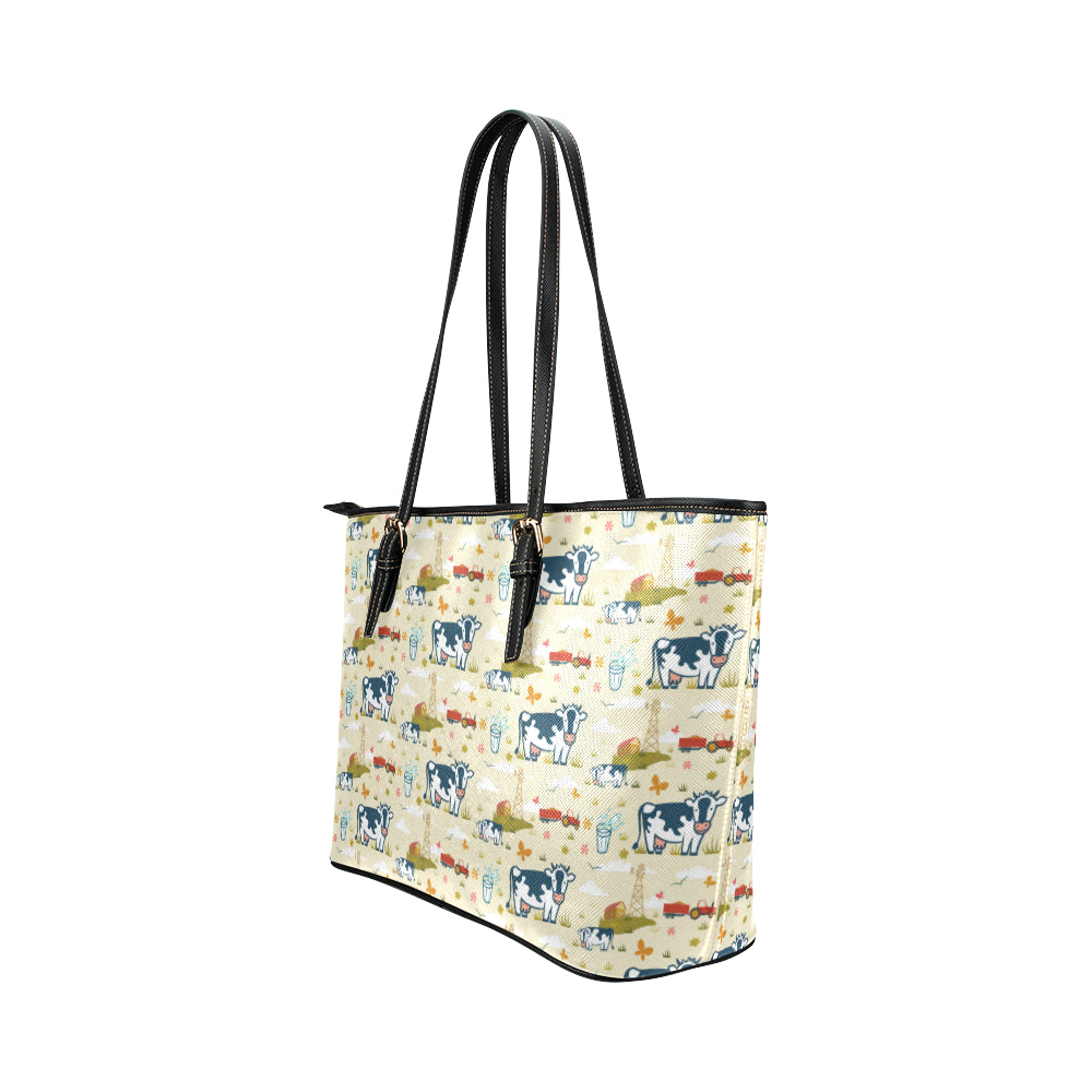 Cow Farm Design Print Leather Tote Bag