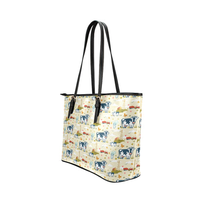 Cow Farm Design Print Leather Tote Bag