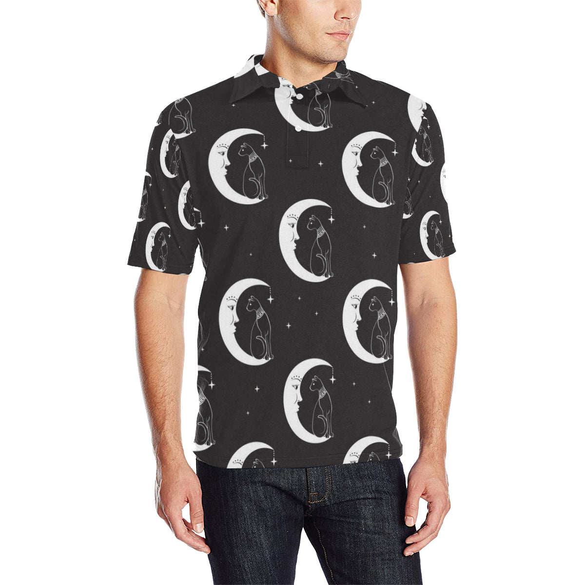 Moon with Cat Pattern Print Design 04 Men Polo Shirt