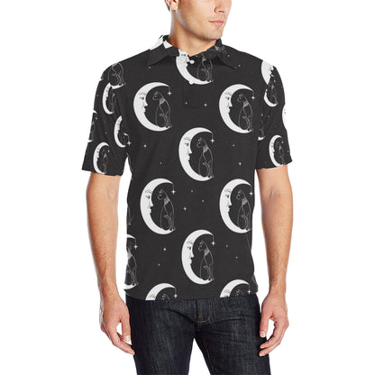 Moon with Cat Pattern Print Design 04 Men Polo Shirt