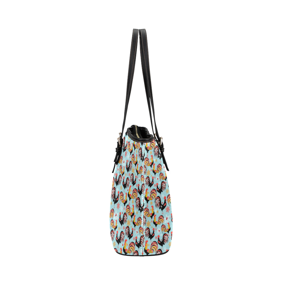 Rooster Themed Design Leather Tote Bag