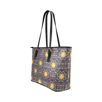 Celestial Gold Sun Face Leather Tote Bag