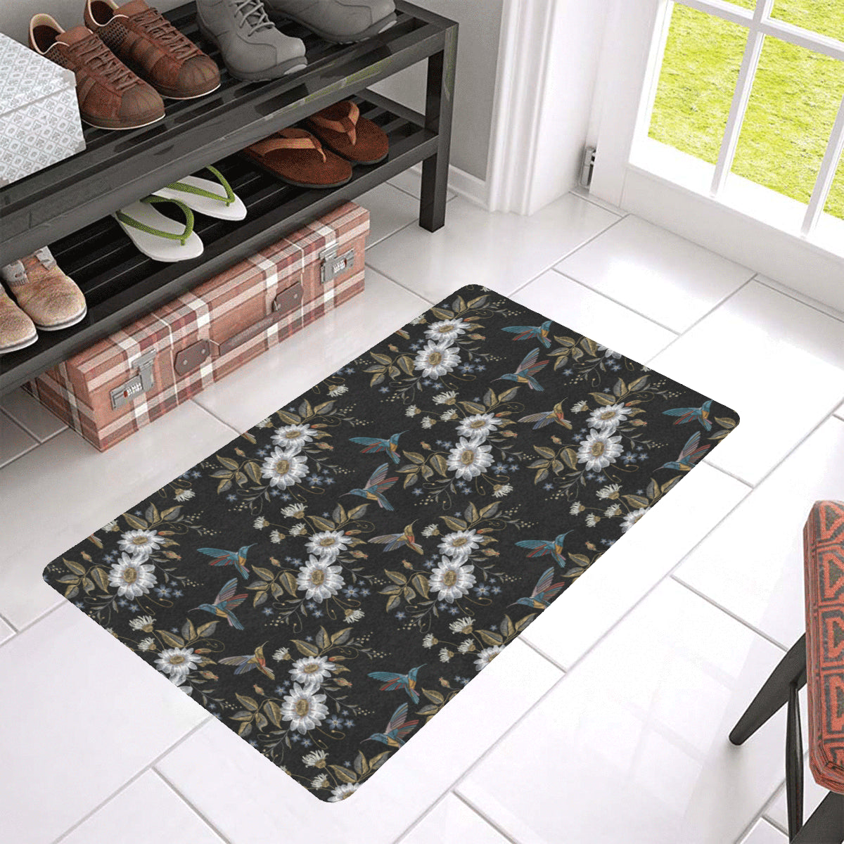 Hummingbird with Embroidery Themed Print Rubber Doormat