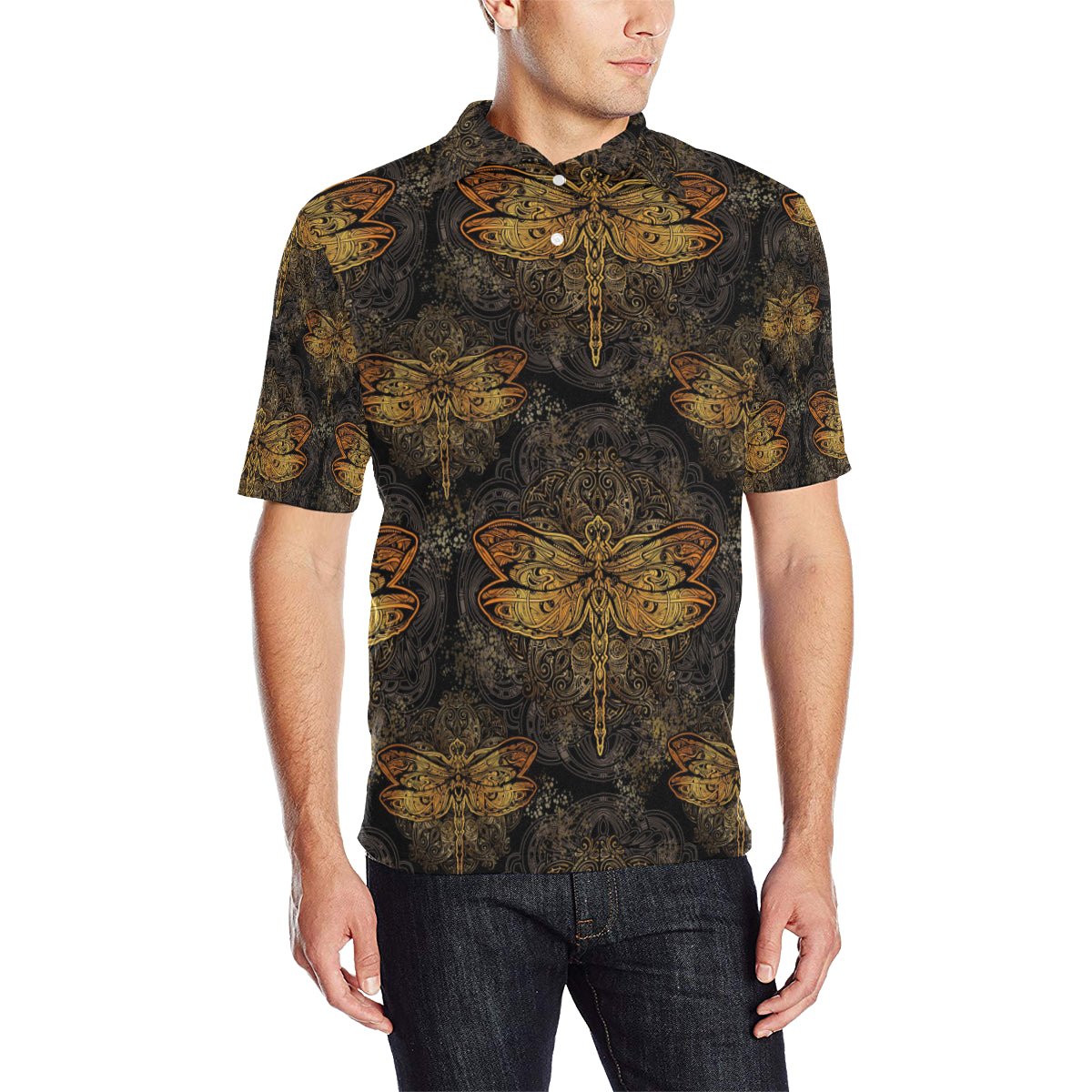 Gold Dragonfly Mandala Men Polo Shirt