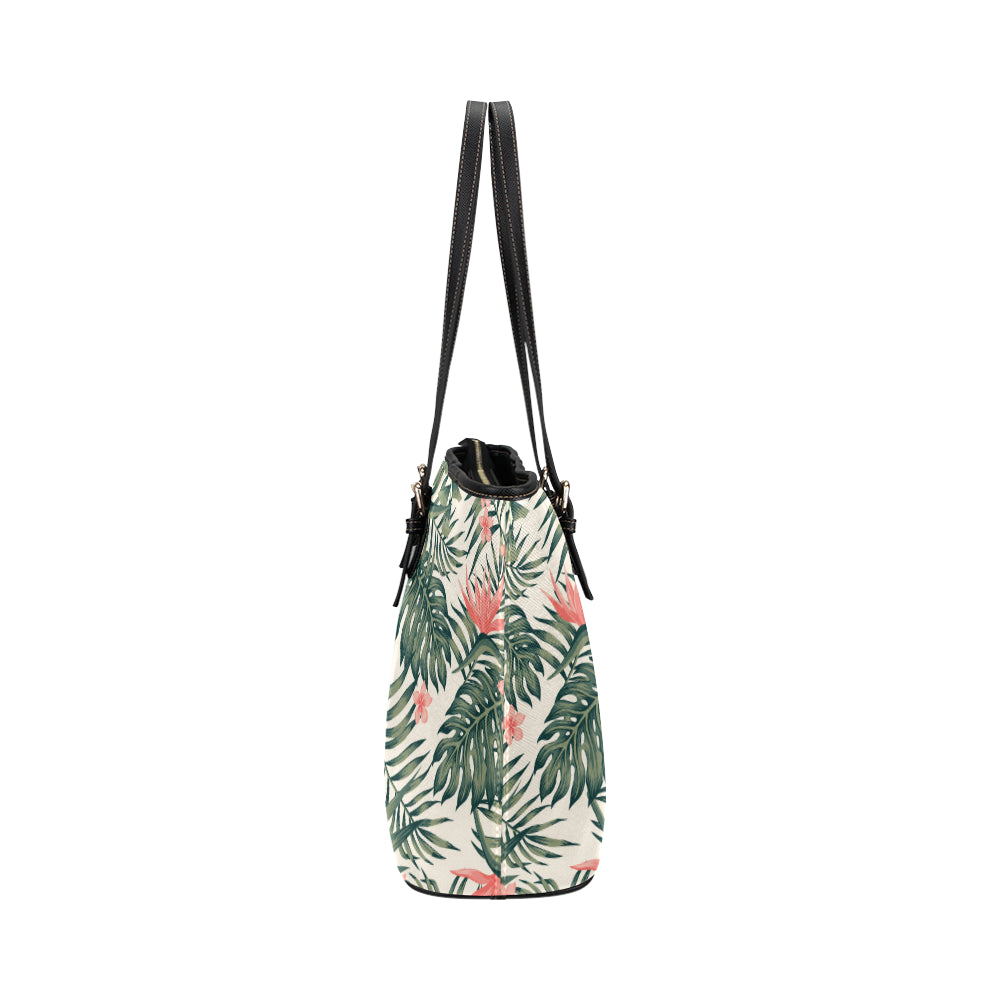 Tropical Flower Palm Leaves Leather Tote Bag