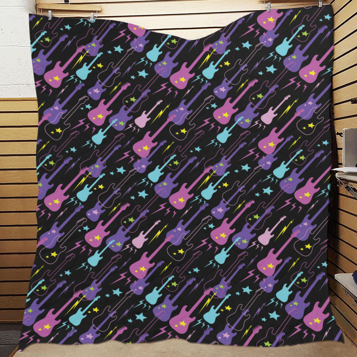 Electric Guitar Pattern Print Design 02 Premium Quilt