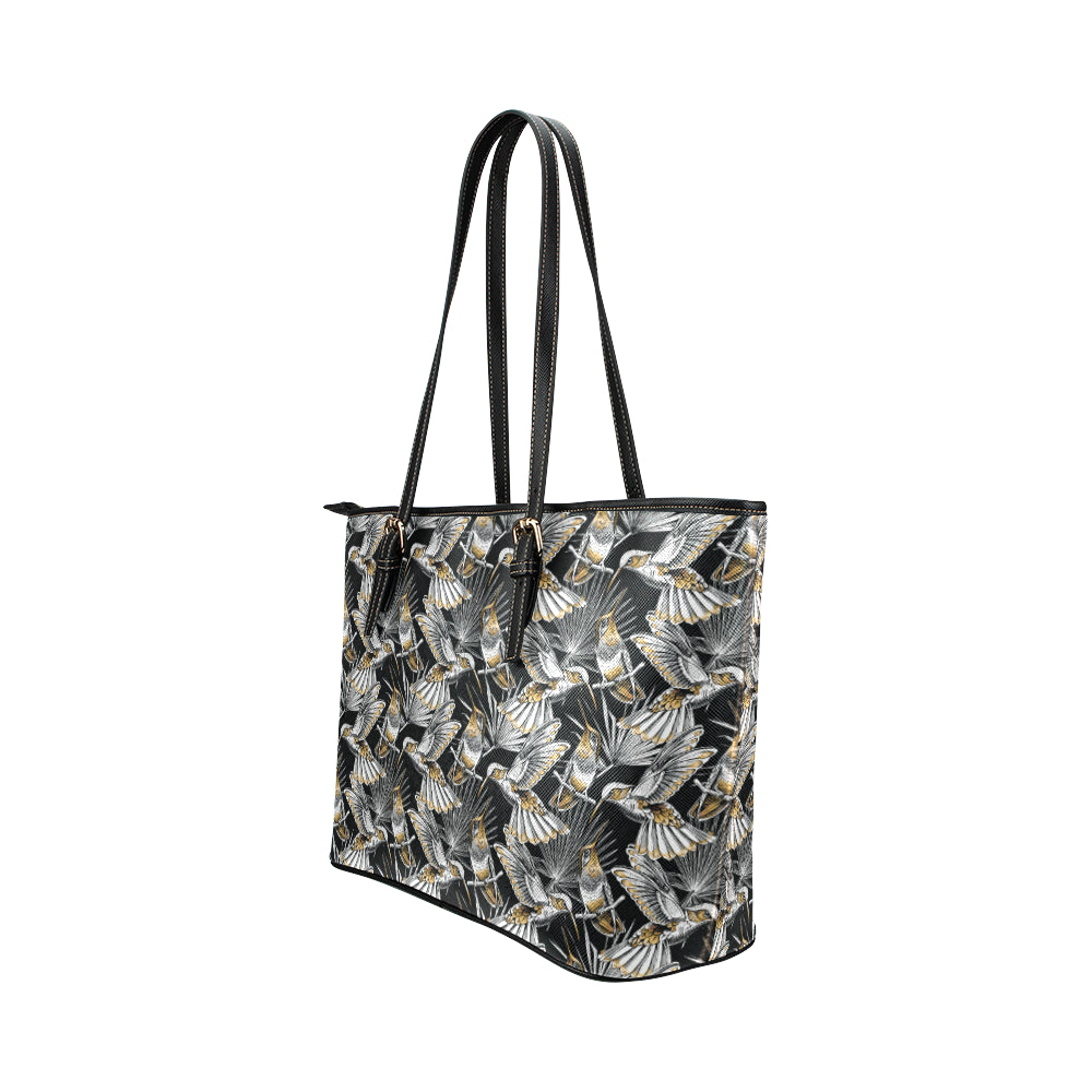 Hummingbird Gold Design Themed Print Leather Tote Bag